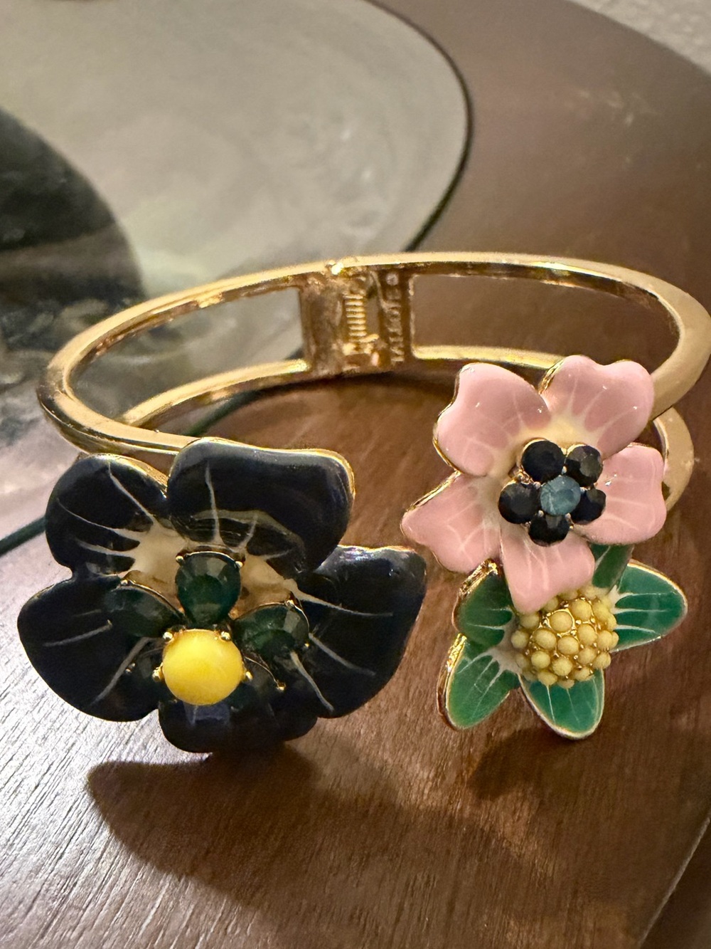 Talbots Gold Floral Cuff Bracelet with Pink and Navy Enamel Flowers
